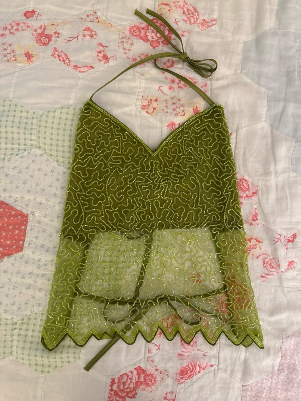Handmade Olive Green Glass Beaded Halter Top